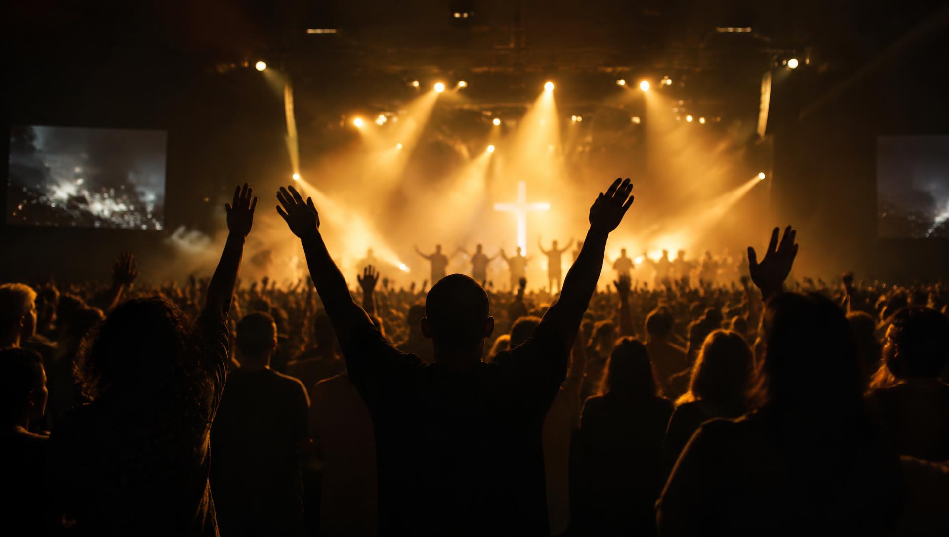Congregation worshipping with hands raised